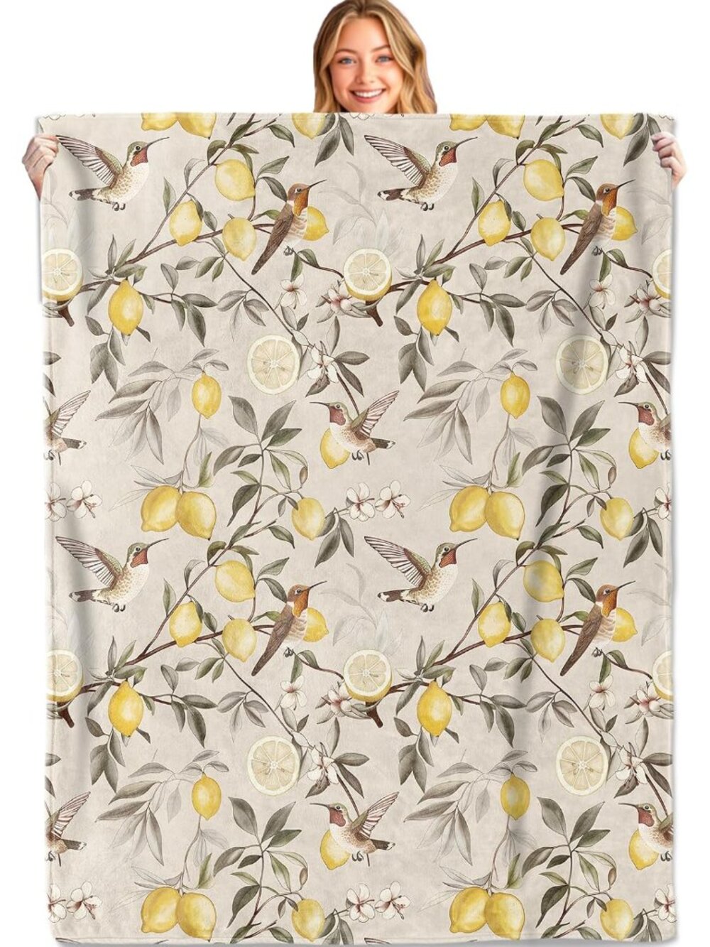 Elegant Lemon Hummingbird Throw Blanket, 50x60in, Soft Lightweight Flannel, Vint